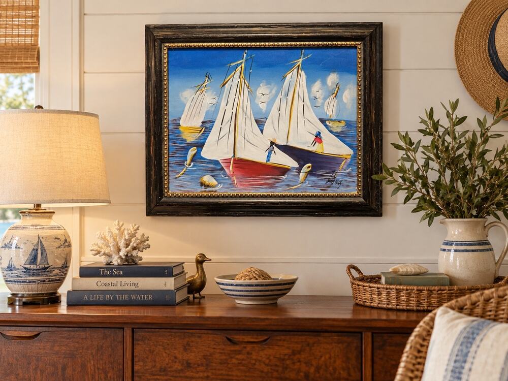 Vintage Signed Sailboat Painting Nautical Coastal Folk Art Framed 19.5x16.5
